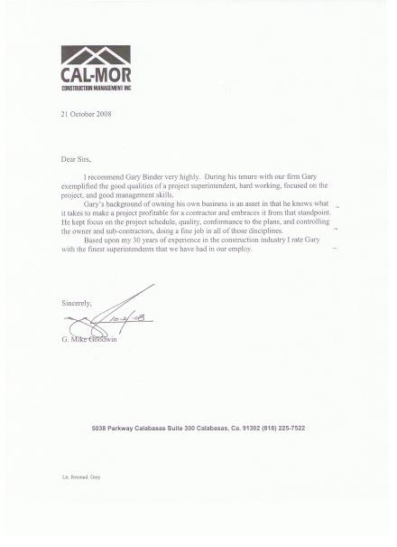 Letter of reference from Mike Goodwin, Cal-Mor Construction
